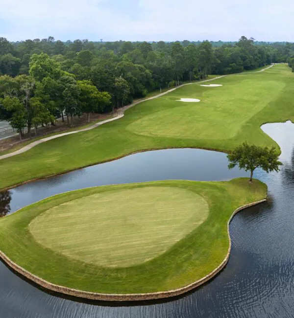 A golf course with a green surrounded by water, bunkers, and trees, seen from above on a cloudy day.