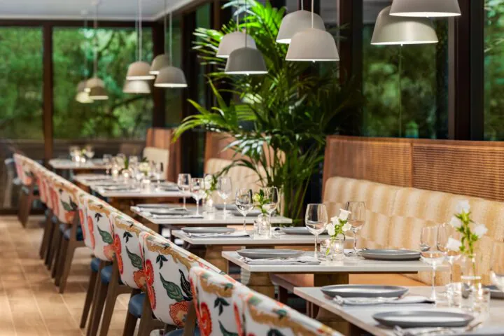 Modern restaurant with floral chairs, white tables, wine glasses, and small flower vases, lit by pendant lamps with large green plants by the windows.