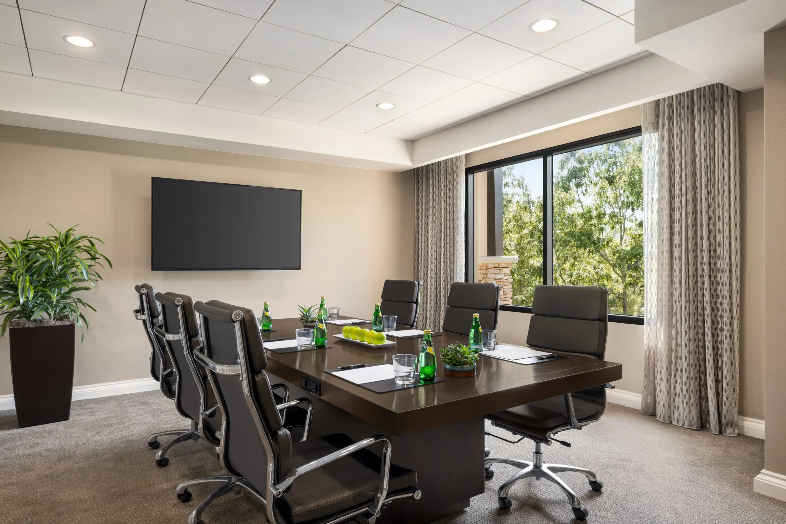 Modern conference room with a long table, eight chairs, notepads, water bottles, plants, and a large blank screen on the wall near a window.