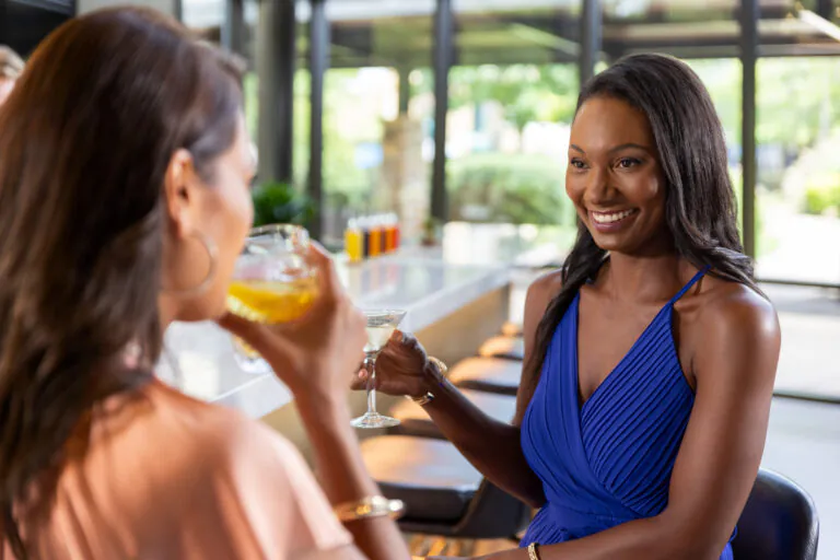 Two women sit at a bar, smiling and talking, each holding a cocktail. The woman facing the camera wears a blue dress.