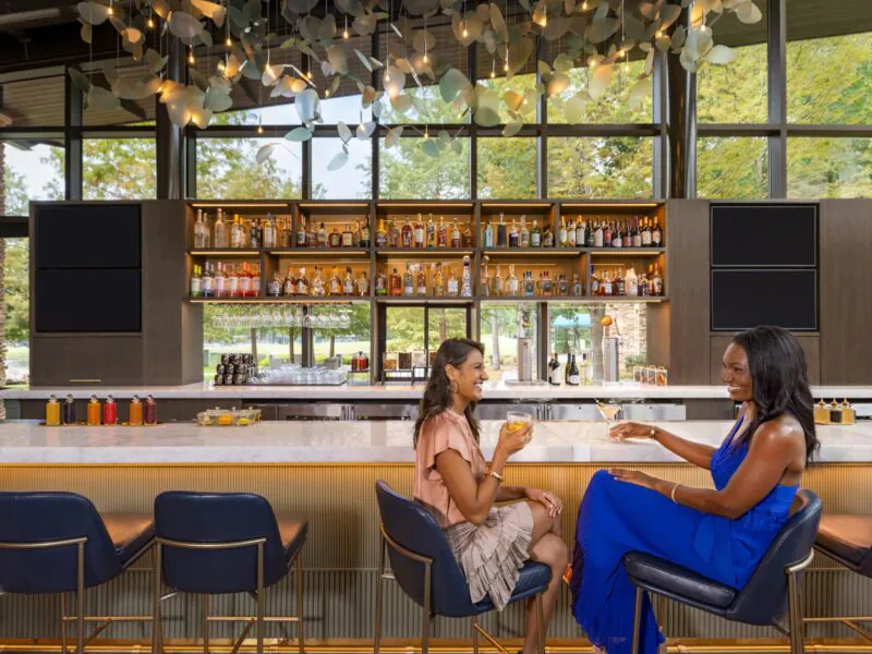 Two women sit at a modern bar, smiling and toasting drinks. Shelves with bottles and large windows are in the background.