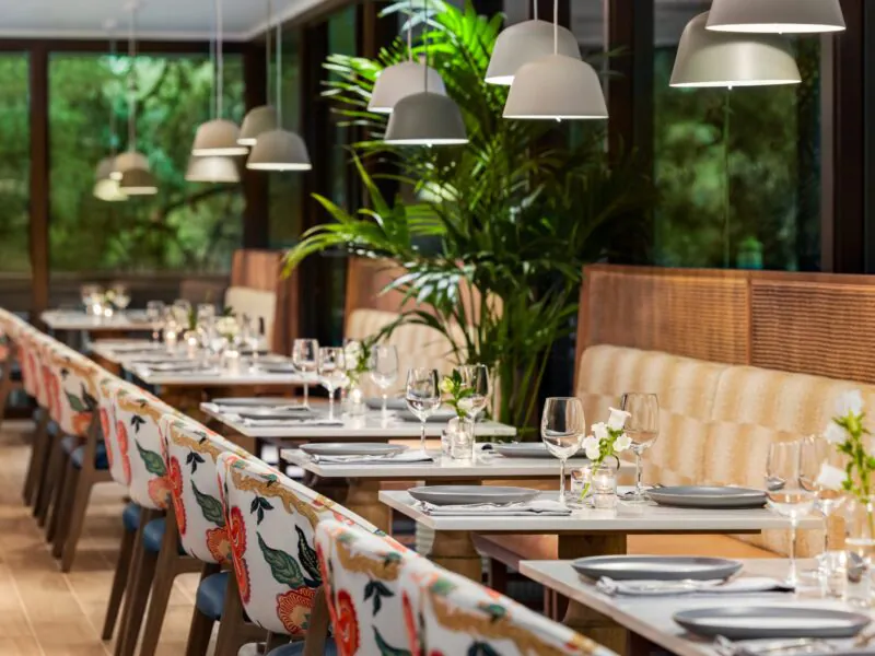 Modern restaurant with floral chairs, white tables, wine glasses, and small flower vases, lit by pendant lamps with large green plants by the windows.